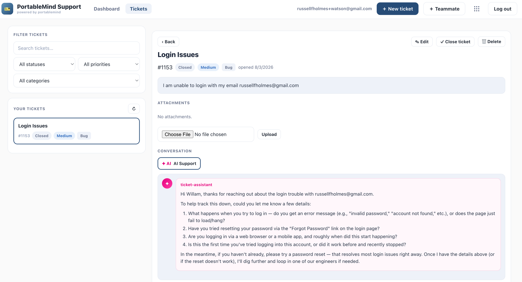 PortableMind Support ticket view — an AI agent has already posted the first troubleshooting reply on a login-issue ticket